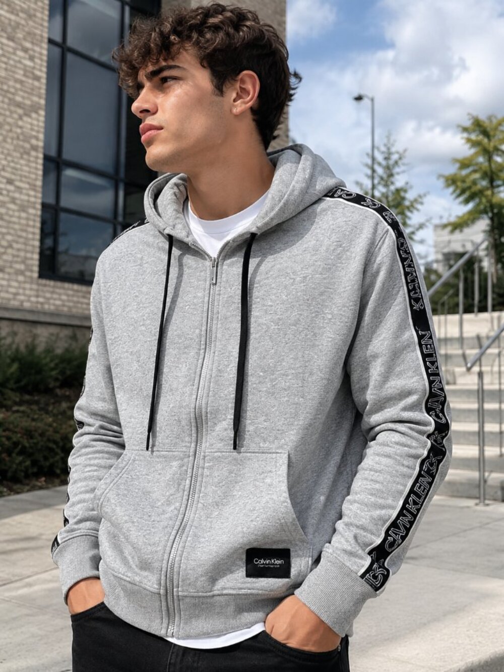 Men's Calvin Klein Performance Gray Full Zip Hoodie Logo Sleeve Tape Size L